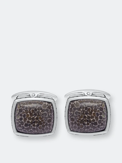 Luvmyjewelry Fossil Agate Stone Cufflinks In Black Rhodium Plated Sterling Silver In Grey