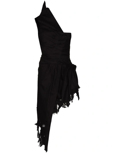 Alexander Wang Asymmetric One-shoulder Distressed Denim Dress In Black