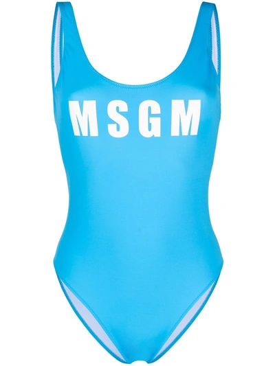 Msgm Logo-print Swimsuit In Light Blue