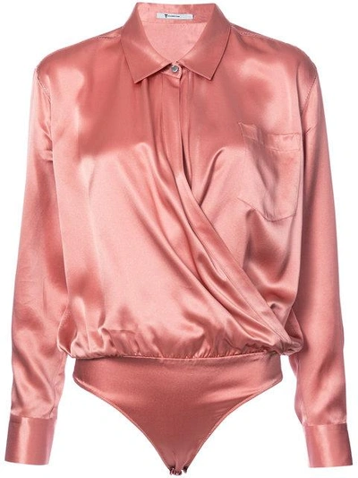 Alexander Wang Silk Charmeuse Long Sleeve Wrap Shirt Bodysuit In Antique Pink