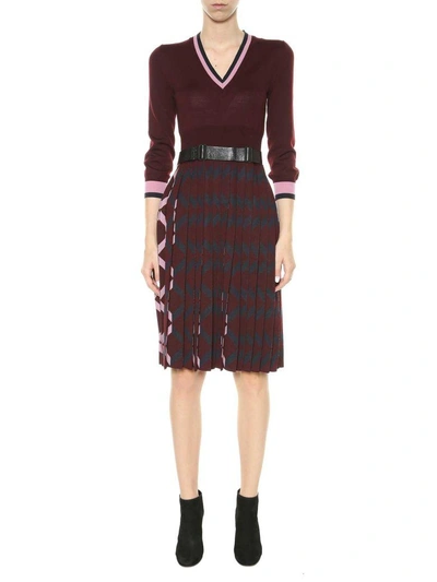 Bottega Veneta Knitted Wool Dress With Geometric Details In Red