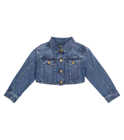 Balmain Kid Denim Jacket With Embossed Logo In Blue