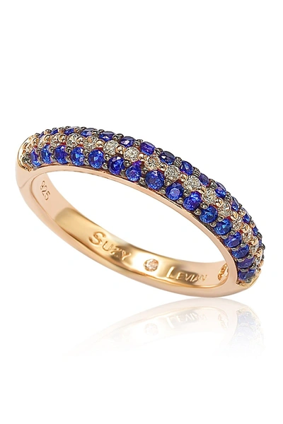 Suzy Levian Rose-tone 3-row Pave Cz Eternity Band Ring In Blue