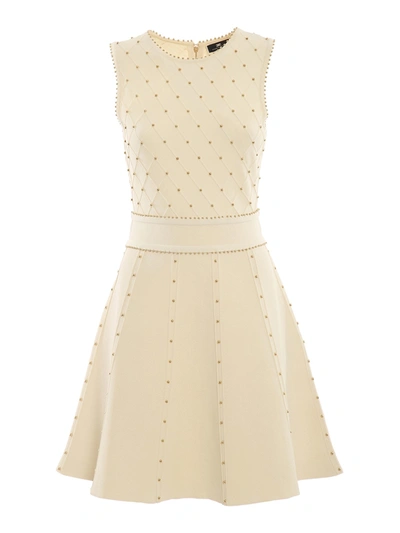 Elisabetta Franchi Studded Knitted Dress In Cream Color