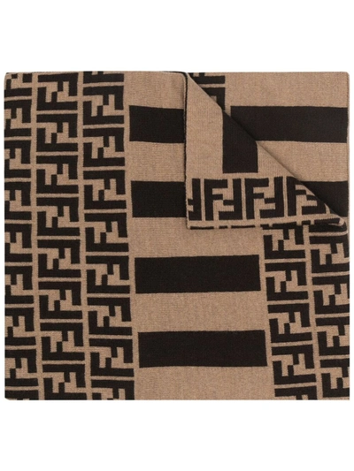 Fendi Ff Logo And Striped Wool Scarf In Fango Moro