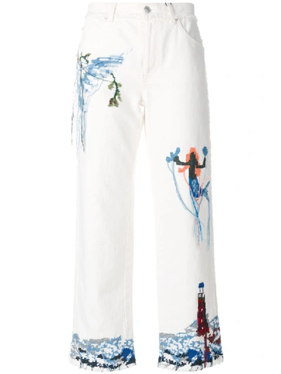 Alexander Mcqueen Needlepoint Embroidered Cropped Wide-leg Jeans In White