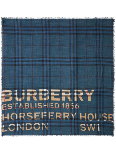 Burberry Horseferry Print Check-pattern Scarf In Blue