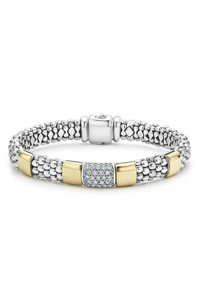 Lagos Diamond And Smooth Station Bracelet In 18k Gold With Sterling Silver Caviar Beading In Silver/gold
