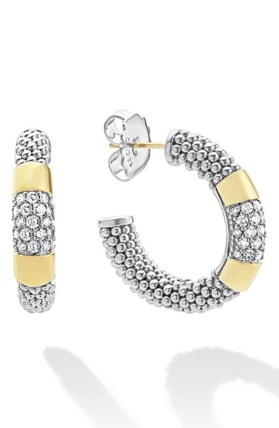 Lagos Diamond Hoop Earrings With Smooth 18k Gold And Classic Sterling Silver Caviar Beading In Silver/gold