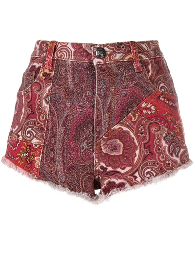 Etro Paisley Patchwork Print Denim Shorts In Red