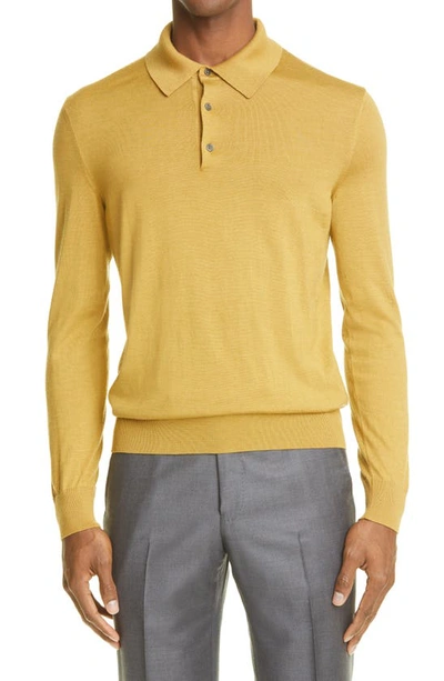Ermenegildo Zegna Ermengildo Zegna Cashseta Long Sleeve Cashmere & Silk Polo Shirt In Dark Yellow Solid