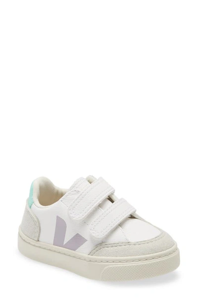 Veja Kids Trainers Small V-12 Velcro For For Boys And For Girls In Extra White/ Parme Turquoise