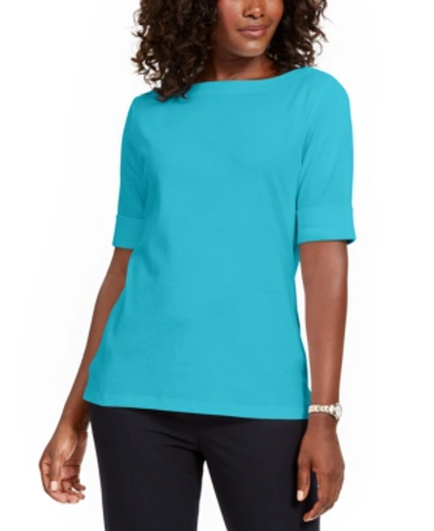 Karen Scott Cotton Boat-neck Top, Created For Macy's In Aqua Ice