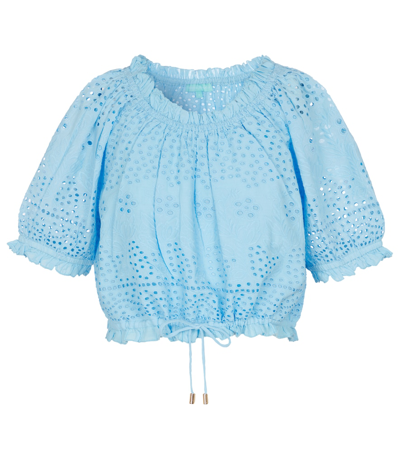 Melissa Odabash Francesca Cropped Off-the-shoulder Broderie Anglaise Cotton Top In Cornflower