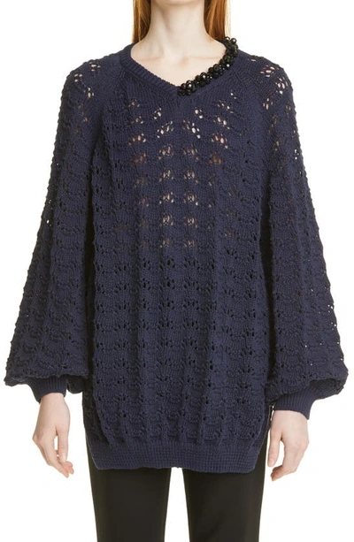 Simone Rocha Embellished Pointelle Stitch Bubble Sweater In Navy/ Jet