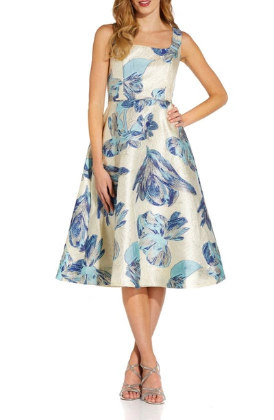 Adrianna Papell Metallic Floral Jacquard Sleeveless Fit & Flare Cocktail Midi Dress In Blue/gold
