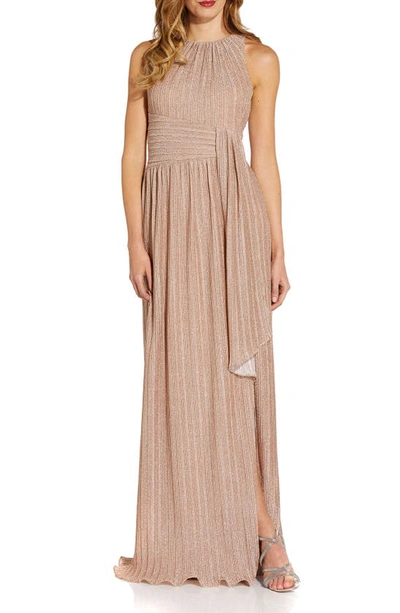 Adrianna Papell Metallic Micropleated Sleeveless Gown In Champagne