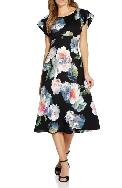 Adrianna Papell Floral Fit & Flare Crêpe De Chine Midi Dress In Black Multi