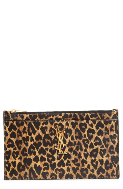 Saint Laurent Ysl Leopard Print Leather Pouch In Natural