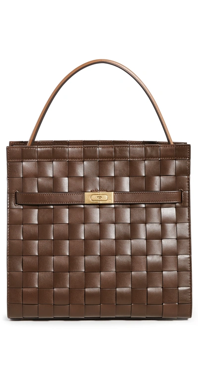 Tory Burch Lee Radziwill Woven Leather Double Bag In Cold Brew
