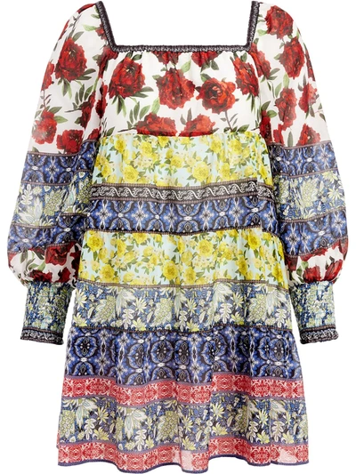 Alice And Olivia Rowen Floral Patchwork Puff Sleeve Tunic Dress In French Quarters M
