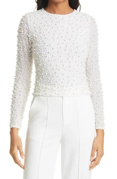 Alice And Olivia Delaina Imitation Pearl Embellished Long Sleeve Crop Top In Off White