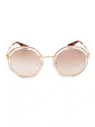 Prada 54mm Round Metal-trim Mirrored Sunglasses In Transparent Brown/brown Gradient Silver Mirror