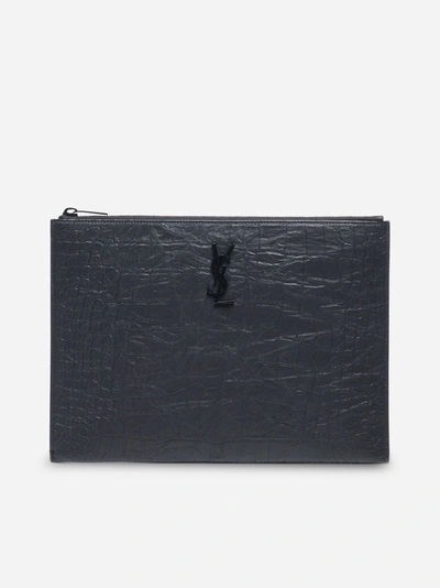 Saint Laurent Monogram Crocodile-effect Leather Tablet-case