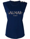 Balmain Button-embellished Printed Cotton-jersey Top In Marine