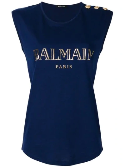 Balmain Button-embellished Printed Cotton-jersey Top In Marine