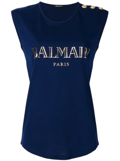 Balmain Button-embellished Printed Cotton-jersey Top In C3303 Navy