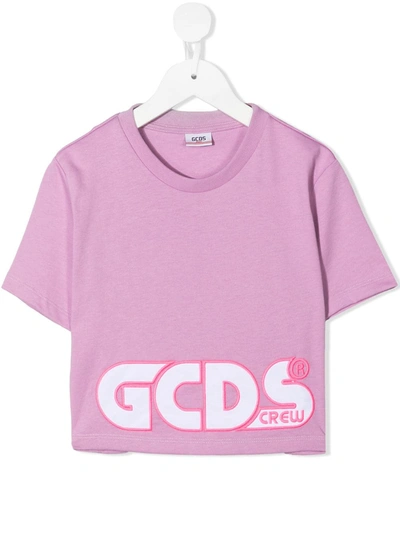 Gcds Teen Logo-embroidered Cropped T-shirt In Lilla