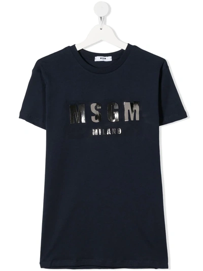 Msgm Teen Logo-print Metallic T-shirt In Blue