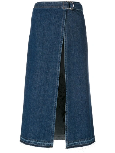 Sacai Lace And Satin-trimmed Denim Wrap Skirt In Blue