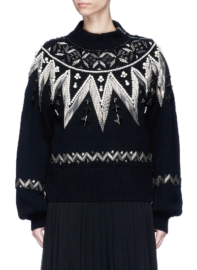Sacai Faux Pearl Embellished Wool Sweater In Black