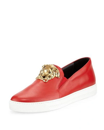 Versace Leather Slip-on Sneaker With Gold Medusa Head, Red