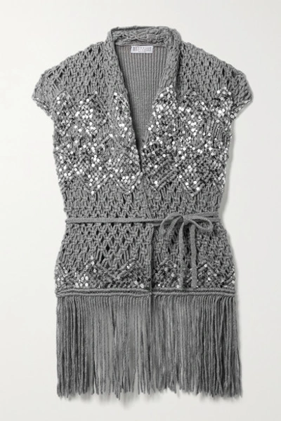 Brunello Cucinelli Fringed Sequin-embellished Linen And Silk-blend Waistcoat In Grey