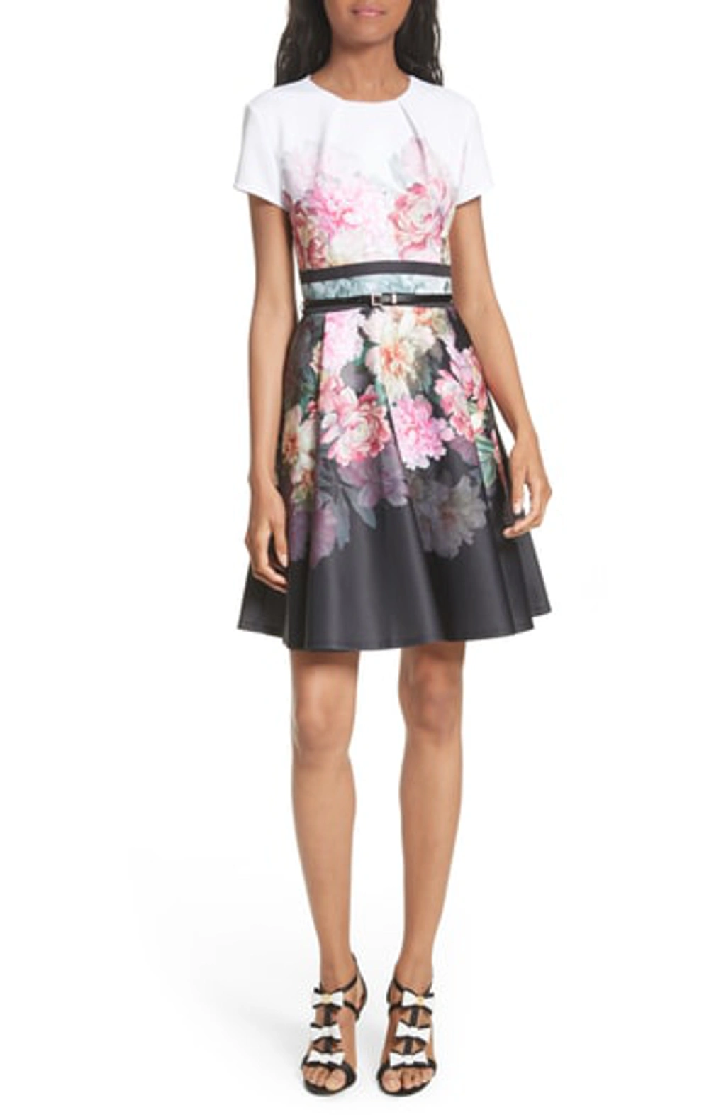 Ted Baker Valerey Painted Posie Belted Skater Dress In Baby Pink