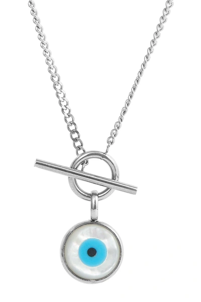 Savvy Cie Rhodium Plated Mother-of-pearl Evil Eye Toggle Necklace In White