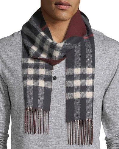 Burberry Men's Slim Cashmere Check To Solid Scarf, Blue Pattern