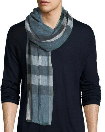 Burberry Men's Giant Exploded Check Linen Scarf In Blue/gray