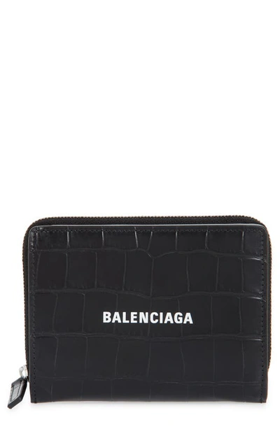 Balenciaga Logo Croc Embossed Leather Bifold Wallet In Black/white