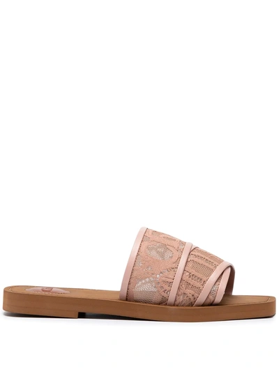Chloé Women's Woody Square Toe Lace Logo Slide Sandals In Pink Tea