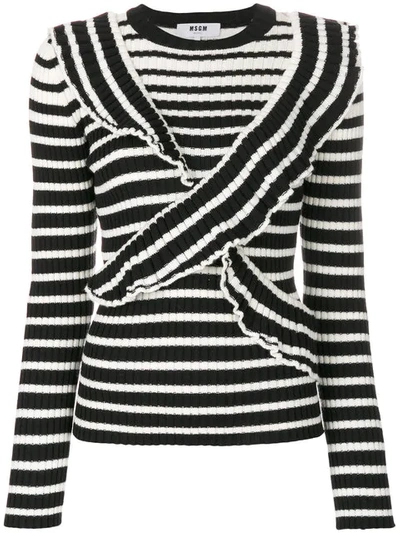 Msgm Ruffle Front Striped Rib-knit Sweater In Black Multi