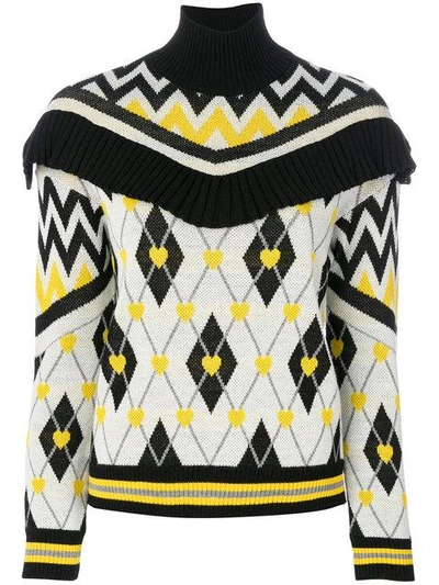 Msgm Ruffle-trimmed Jaquard Wool-blend Sweater In White-multicolor