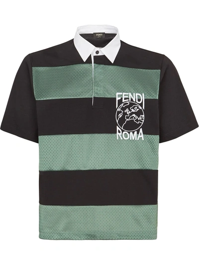 Fendi Striped Polo Shirt With Logo Embroidery In Black,green