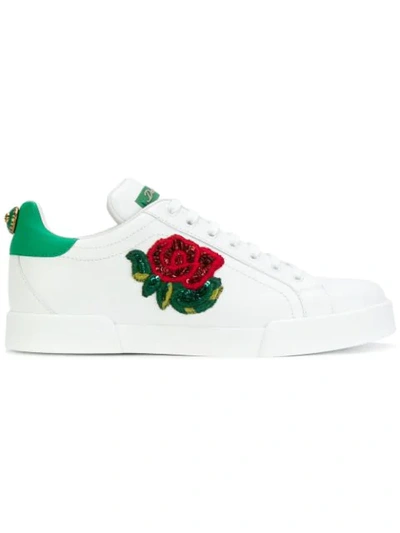 Dolce & Gabbana Portofino Leather Sneakers With Rose Patch In White