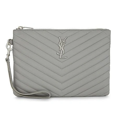Saint Laurent Quilted Monogram Leather Pouch In Grey
