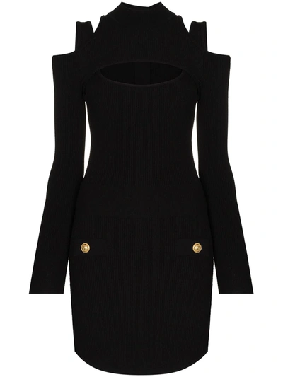 Balmain Cut-out Long-sleeve Minidress In Black