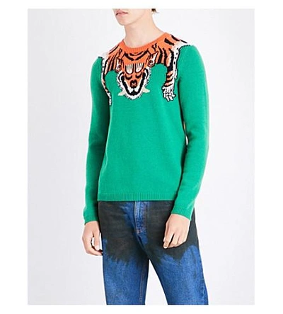 Gucci Tiger Jacquard-knitted Wool Sweater In Green